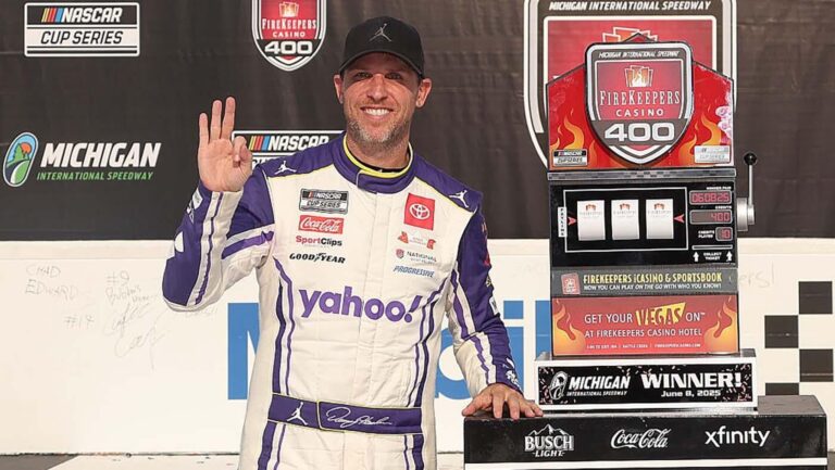 Denny Hamlin taunts Michigan crowd with Ohio State 'O-H' celebration after NASCAR win