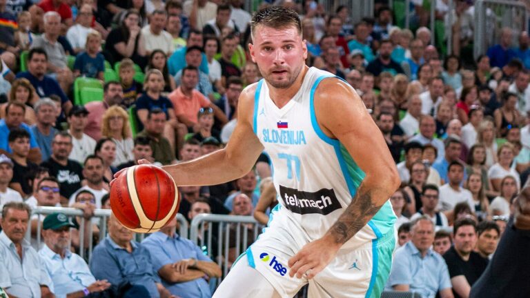LOOK: Lakers' Luka Dončić limps off court after cooking Latvia in EuroBasket warm-up game for Slovenia