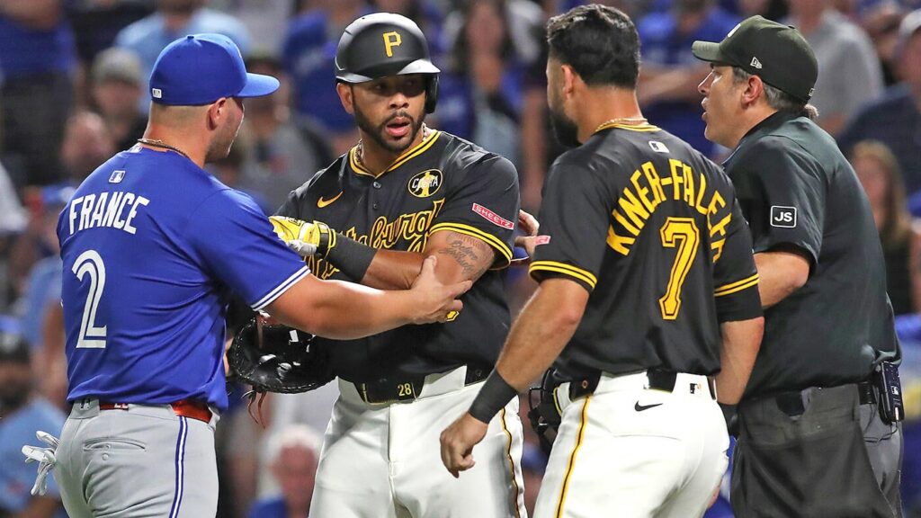 Pirates, Blue Jays benches clear after four-pitch walk, but cooler heads prevail: 'It was super weird'