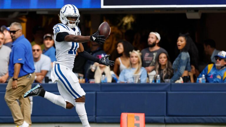 Colts WR Adonai Mitchell fumbles just before crossing goal line while celebrating early vs. Rams