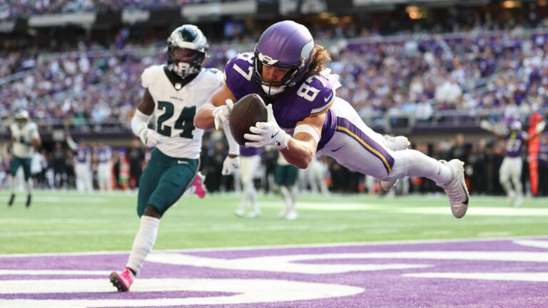 Vikings TE T.J. Hockenson criticizes 'ridiculous' touchdown reversal in loss to Eagles
