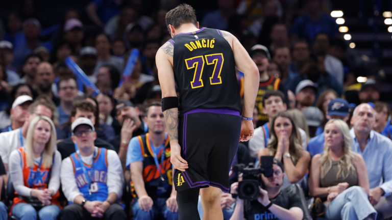 Luka Dončić exits blowout vs. Thunder with apparent hamstring injury that caps miserable night for Lakers