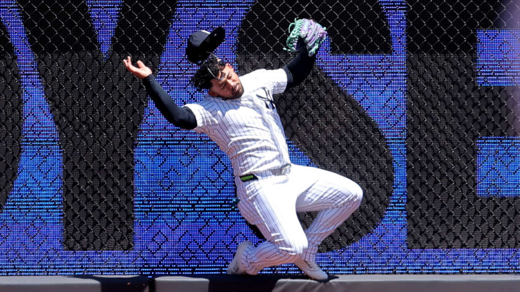 Yankees' Jasson Domínguez carted off field after making wall-slamming catch