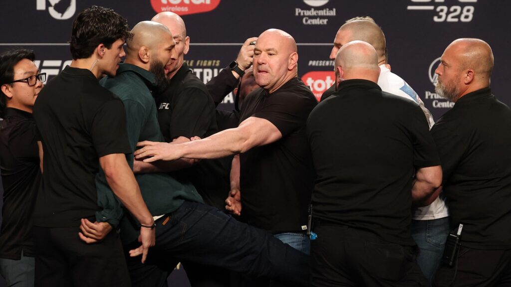 WATCH: Khamzat Chimaev kicks Sean Strickland during chaotic face off at UFC 328 press conference