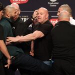 WATCH: Khamzat Chimaev kicks Sean Strickland during chaotic face off at UFC 328 press conference